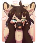  &lt;3 &lt;3_eyes 4_toes anthro black_nose border brown_body brown_fur brown_hair bunnybb bust_portrait canid canine canis chest_tuft cowlick face_squish feet fur gloves_(marking) green_eyes hair hi_res male mammal markings matthew_(articwuff) muzzle_(marking) pink_background portrait short_hair signature simple_background solo squish toes tongue tongue_out tuft white_border wolf 