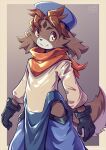  2020 anthro black_nose brown_body brown_eyes brown_fur canid canine canis clothing domestic_dog freddie_(gundam_build_divers_re:rise) fur gloves gundam gundam_build_divers_re:rise handwear kemono looking_at_viewer male mammal multicolored_body multicolored_fur nurinaki scarf smile solo standing young 