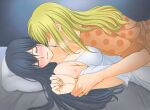  2girls absurdres aihara_mei aihara_yuzu arm_grab bed black_hair blonde_hair breasts citrus_(saburouta) closed_eyes commentary engagement_ring girl_on_top highres kiss long_hair lying medium_breasts multiple_girls nattha neck_kiss on_back pillow step-siblings wife_and_wife wrist_grab yuri 