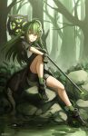  1girl absurdres animal antenna_hair arknights bangs bare_tree bike_shorts black_dress black_footwear black_gloves black_shorts boots breasts brown_eyes commentary_request crocodile crocodilian crocodilian_tail day dress eyebrows_visible_through_hair forest gavial_(arknights) gloves green_hair green_legwear grin hair_between_eyes hair_ornament high_heel_boots high_heels highres holding knee_up long_hair looking_at_viewer medium_breasts nature ndtwofives outdoors pointy_ears short_shorts short_sleeves shorts sitting smile socks solo tree twitter_username very_long_hair water wide_sleeves 