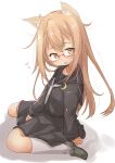  1girl animal_ears artist_name black_footwear black_serafuku brown_hair cat_ears crescent crescent_pin dated flying_sweatdrops fyuo glasses highres kantai_collection kneehighs loafers long_hair looking_at_viewer mochizuki_(kantai_collection) necktie open_mouth red-framed_eyewear school_uniform serafuku shadow shoes simple_background sitting solo wariza white_background white_legwear white_neckwear 