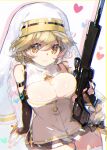  1girl :&gt; atsumi_jun blush braid breasts bridal_gauntlets brown_eyes brown_hair character_request cleavage closed_mouth cross gun h&amp;k_psg1 habit heart highres holding holding_gun holding_weapon large_breasts long_hair rifle scope sniper_rifle solo thigh_gap thighhighs trickster very_long_hair weapon white_legwear 