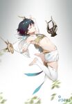  1boy bangs bare_shoulders barefoot black_hair blue_hair blurry braid detached_sleeves genshin_impact gradient_hair highres hood hood_down instrument leaf long_sleeves lyre male_focus midriff multicolored_hair navel open_mouth otoko_no_ko simple_background single_thighhigh solo tcsalmon thighhighs twin_braids venti_(genshin_impact) white_legwear wings 