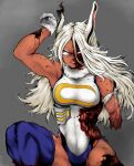  1girl absurdres amputee animal_ears arm_up blood blood_on_face blue_legwear boku_no_hero_academia breasts bunny_ears bunny_tail burnt commentary cowboy_shot dark_skin dark_skinned_female gloves grey_background guro hair_between_eyes highres large_breasts leotard long_hair looking_to_the_side mirko mumu_(0x3777) muscular muscular_female rabbit_girl red_eyes simple_background smile solo tail teeth thighhighs tourniquet white_gloves white_hair white_leotard 