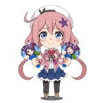  1girl ahoge bangs blue_eyes blush bow bowtie chibi closed_mouth eggman_(pixiv28975023) eyebrows_visible_through_hair flower hair_flower hair_ornament hat holding long_hair long_sleeves looking_at_viewer ochikobore_fruit_tart pink_hair red_bow red_neckwear sakura_ino simple_background skirt smile white_background 