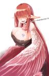  1girl animal_ears bird_ears body_markings breasts chain chained collar commentary_request covered_eyes dress feathered_wings feathers hair_over_eyes harpy highres kawasumi_(tk2k_jade) large_breasts long_hair monster_girl open_mouth original pointy_ears red_feathers red_hair sharp_teeth simple_background solo teeth torn_clothes very_long_hair white_background winged_arms wings 