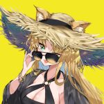  1girl ;d animal_ears arknights bangs bikini black_bikini blonde_hair bracelet breasts cleavage commentary_request green_eyes hat highres jewelry kakeru_(kakeru) long_hair looking_at_viewer md5_mismatch o-ring one_eye_closed open_mouth photoshop_(medium) simple_background smile solo straw_hat sunglasses swimsuit swire_(arknights) tiger_ears yellow_background 