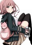  1girl backpack bag bangs black_legwear breasts brown_skirt cat_bag closed_mouth commentary_request danganronpa_(series) danganronpa_2:_goodbye_despair eyebrows_visible_through_hair feet_out_of_frame flipped_hair grey_background handheld_game_console holding holding_handheld_game_console hood hood_down hooded_jacket jacket knees_up long_legs long_sleeves looking_at_viewer medium_breasts nanami_chiaki neck_ribbon nico_(nico_alice) open_clothes open_jacket pink_bag pink_eyes pink_hair pink_ribbon pleated_skirt ribbon shirt short_hair simple_background skirt solo thighhighs zettai_ryouiki 