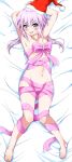  1girl alice_gear_aegis arms_up bangs blush breasts christmas dakimakura_(medium) eggman_(pixiv28975023) eyebrows_visible_through_hair hair_between_eyes hat highres hirasaka_yotsuyu long_hair looking_at_viewer lying naked_ribbon navel open_mouth pink_hair purple_eyes ribbon santa_hat small_breasts solo sweatdrop white_background 