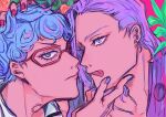  2boys absurdres bangs blue_hair blue_nails ear_piercing flower ghiaccio glasses hand_on_another&#039;s_chin hand_on_another&#039;s_head highres jacket jojo_no_kimyou_na_bouken looking_at_viewer male_focus medium_hair melone multiple_boys piercing pink_background plant purple_hair purple_jacket red_nails ritsuno_ananda short_hair tongue tongue_out vento_aureo white_jacket 