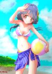  arm_up artist_name ball bare_arms bare_legs bare_shoulders beach beachball bikini blue_hair blush breasts brown_eyes cleavage clothes_around_waist cloud cloudy_sky commentary_request cowboy_shot day frilled_bikini frills hair_ornament hairclip halterneck hill holding holding_ball kasuga_rurito large_breasts long_hair looking_away low_twintails mismatched_bikini navel ocean outdoors precure purple_bikini sarong shading_eyes shadow shiny shiny_skin sideways_glance signature sky smile stomach suzumura_sango swimsuit swimwear triangle_hair_ornament tropical-rouge!_precure twintails yellow_bikini 