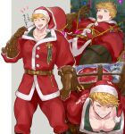  1boy bara bare_pecs blonde_hair blush brown_gloves christmas christmas_tree collage feet_out_of_frame fur-trimmed_jacket fur_trim gloves granblue_fantasy green_eyes hat highres jacket legs_apart lying male_focus mm86262394 multiple_views muscular muscular_male navel on_back on_stomach open_clothes pectoral_press pectorals pointing pointing_at_self red_headwear santa_costume santa_hat shibari short_hair translation_request vane_(granblue_fantasy) 