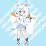  absurdres animal_ears blue_hair blush braid bunny_ears carrot chibi food food_themed_weapon highres holding holding_food hololive hood hood_up hoodie looking_at_viewer nga_(kashi_mille) rabbit_girl red_eyes shoes short_eyebrows sleeves_past_fingers sleeves_past_wrists sneakers standing twin_braids usada_pekora v-shaped_eyebrows virtual_youtuber white_hoodie 