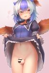  1girl absurdres bangs bar_censor bird_wings black_skirt blue_hair blush breasts censored commentary_request cowboy_shot dress eyebrows_visible_through_hair flaccid foreskin frilled_skirt frills futanari groin head_wings heart highres horns lifted_by_self long_sleeves looking_at_viewer multicolored_hair navel no_panties nose_blush open_mouth red_eyes shiratsuki_shiori short_hair silver_hair simple_background single_head_wing skirt skirt_lift small_breasts smile solo testicles tokiko_(touhou) touhou two-tone_hair white_background wide_sleeves wings 