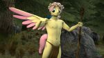  16:9 2020 3d_(artwork) anthro bottomwear clothing crossgender cutie_mark digital_media_(artwork) equid equine feathered_wings feathers flower flower_crown fluttershy_(mlp) forest forest_background friendship_is_magic hair hasbro headgear headwear hi_res horse loincloth male mammal mostly_nude my_little_pony narrowed_eyes nature nature_background nipples pegasus pink_hair plant pony ray_cyber_tech_(artist) smile solo source_filmmaker staff tree widescreen wings yellow_body 