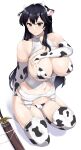  1girl absurdres animal_print ayra_(fire_emblem) bikini black_eyes black_hair blush breasts closed_mouth cow_print fingerless_gloves fire_emblem fire_emblem:_genealogy_of_the_holy_war gloves hand_on_own_chest highres large_breasts long_hair looking_at_viewer midriff sasanoha_toro solo swimsuit sword thighhighs weapon 