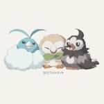  12takase14 1:1 beak blue_body blue_feathers brown_body brown_feathers eyes_closed feathers hi_res nintendo open_mouth pok&eacute;mon pok&eacute;mon_(species) rowlet simple_background starly swablu video_games white_background white_body white_feathers 