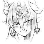  1girl blush closed_mouth commentary curled_horns demon_girl demon_horns drooling earrings english_commentary eyes_visible_through_hair greyscale hair_between_eyes half-closed_eyes horns jewelry kenkou_cross_(style) loen long_hair looking_at_viewer monochrome monster_girl_encyclopedia pointy_ears portrait saliva slit_pupils smile solo succubus_(monster_girl_encyclopedia) 