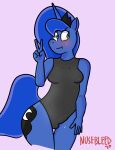  anthro blush breasts bulge clothing embarrassed embarrassed_nude_exposure equid equine female friendship_is_magic genital_outline genitals hasbro hi_res horse intersex looking_away mammal my_little_pony nosebleed_(artist) one-piece_swimsuit peace_symbol penis penis_outline pony princess_luna_(mlp) small_breasts solo swimwear thigh_gap 