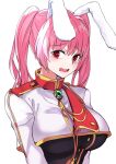  1girl animal_ears black_leotard bunny_ears chiester45 crop_top leotard long_sleeves military_jacket nervous open_mouth pink_hair red_eyes solo tearing_up tears twintails umineko_no_naku_koro_ni upper_body usuaji white_background 