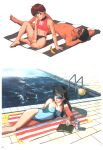  1990s_(style) 1boy 2girls banana bangs barefoot beach_towel beer_can black_hair blue_swimsuit book breasts brown_hair can cleavage closed_eyes feet_out_of_frame food fruit hand_on_own_leg highres izumi_noa kanuka_clancy kidou_keisatsu_patlabor knee_up long_hair looking_at_viewer lying multiple_girls official_art on_back on_side open_book pool shinohara_asuma short_hair sitting smile strapless strapless_swimsuit sunglasses swimsuit towel volleyball water 