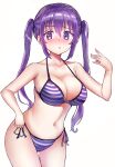  1girl absurdres bikini breasts cleavage collarbone commentary_request cowboy_shot gochuumon_wa_usagi_desu_ka? highres holaa large_breasts long_hair looking_at_viewer navel purple_eyes purple_hair side-tie_bikini simple_background solo striped striped_bikini swimsuit tedeza_rize twintails white_background 