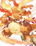  absurdres breathing_fire charizard claws colored_sclera fire gen_1_pokemon gigantamax gigantamax_charizard glowing highres no_humans open_mouth pokemon pokemon_(creature) rock solo standing tapioka_chaso yellow_sclera 