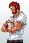  beard belt brown_belt casual collarbone dark_skin dark_skinned_male denim facial_hair fate/zero fate_(series) from_side iskandar_(fate) jeans leather_belt makimura_shunsuke male_focus muscular muscular_male official_alternate_costume pants pectorals red_eyes red_hair scar_on_arm shirt short_sleeves smile solo t-shirt veins white_background wristband 