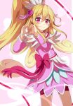  1girl aida_mana bangs blonde_hair blush bow closed_mouth commentary_request cure_heart detached_sleeves dokidoki!_precure dress eyebrows_visible_through_hair hair_between_eyes hair_ornament hands_up heart heart_hair_ornament heart_hands high_ponytail long_hair long_sleeves pink_background pink_dress pink_sleeves ponytail precure purple_eyes red_bow smile solo standing tsuyukina_fuzuki very_long_hair 