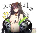  2021 2girls anger_vein angry animal_ears animal_print asymmetrical_eyes bangs bare_shoulders bell bell_choker black_choker blonde_hair breast_conscious breasts chinese_zodiac choker collar collarbone commentary_request cow_ears cow_print cowbell ereshkigal_(fate/grand_order) fate/grand_order fate_(series) green_jacket hair_ornament hair_ribbon hands_on_hips horns ishtar_(fate)_(all) ishtar_(fate/grand_order) jacket long_hair looking_at_viewer luobo_(nsnr8754) medium_breasts multiple_girls navel o-ring o-ring_bikini o-ring_top off_shoulder open_clothes open_jacket open_shorts oversized_clothes parted_bangs print_jacket red_eyes ribbon shaded_face shorts stomach two_side_up upper_body year_of_the_ox 