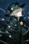  1boy alchemaniac blue_background blue_cape blue_coat blue_headwear cape coat edmond_dantes_(fate/grand_order) fate/grand_order fate_(series) grey_hair hair_between_eyes hat highres looking_at_viewer male_focus medium_hair orange_eyes pale_skin solo 