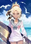  1girl alchemaniac bird blonde_hair blue_eyes blue_sailor_collar blue_sky closed_mouth commentary cowboy_shot day english_commentary fate/grand_order fate_(series) highres holding holding_surfboard horizon long_sleeves looking_at_viewer mordred_(fate)_(all) mordred_(swimsuit_rider)_(fate) ocean outdoors ponytail sailor_collar school_uniform seagull serafuku shirt sky smile solo standing surfboard tied_shirt white_shirt 