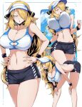  1girl alternate_costume ass bare_arms bare_shoulders black_shorts blonde_hair breasts cleavage closed_eyes cynthia_(pokemon) flying_sweatdrops hair_ornament hair_over_one_eye hanging_breasts highres large_breasts leaning_forward long_hair looking_at_viewer multiple_views navel pokemon shimure_(460) short_shorts shorts silver_eyes sports_bra stomach very_long_hair visor_cap white_background white_headwear wristband 