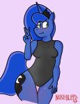  anthro blush breasts clothing embarrassed embarrassed_nude_exposure equid equine female friendship_is_magic hi_res horse looking_away mammal my_little_pony nosebleed_(artist) one-piece_swimsuit peace_symbol pony princess_luna_(mlp) small_breasts solo swimwear thigh_gap 