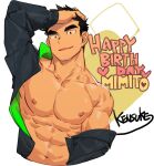  1boy abs arm_up bara bare_pecs black_hair borrowed_character bulge collared_shirt cropped_torso gondom hand_in_hair happy_birthday highres male_focus muscular muscular_male navel nipples open_clothes open_shirt original pectorals second-party_source shirt short_hair smile solo stomach thick_eyebrows veins 