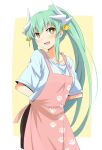  1girl :d alternate_costume apron arms_behind_back bangs blush breasts brown_skirt chata_maru_(irori_sabou) collarbone commentary_request cowboy_shot eyebrows_visible_through_hair fate/grand_order fate_(series) green_hair high_ponytail highres horns kiyohime_(fate/grand_order) long_hair looking_at_viewer open_mouth paw_print pink_apron ponytail shirt short_sleeves skirt smile solo tying_apron very_long_hair white_shirt yellow_eyes 