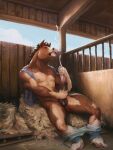  3:4 animal_genitalia animal_penis anthro balls barn bodily_fluids brown_body brown_fur clydesdale cum cumshot draft_horse ejaculation equid equine equine_penis fur fur_growth genital_fluids genitals growth hay hi_res hooves horse human human_to_anthro male mammal mane masturbation mid_transformation multicolored_penis nipples orcfun penis solo species_transformation stall transformation two_tone_penis 