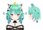  1girl ahoge animal_ear_fluff animal_ears bangs bare_shoulders blunt_bangs blush cat_ears character_sheet collarbone detached_collar eyebrows_behind_hair green_hair hair_ornament head_only hololive kemonomimi_mode multiple_views official_art red_eyes short_hair short_twintails skull_hair_ornament twintails uruha_rushia virtual_youtuber yasuyuki 