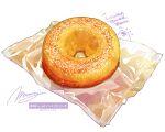  doughnut food food_focus highres momiji_mao no_humans original pastry plastic_wrap signature simple_background still_life translation_request white_background 