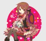  1girl :d bow brown_eyes brown_hair chair dress eyebrows_visible_through_hair frilled_dress frilled_sleeves frills hair_ribbon long_sleeves magia_record:_mahou_shoujo_madoka_magica_gaiden mahou_shoujo_madoka_magica momomotsu open_mouth red_bow red_ribbon ribbon satomi_touka sitting sleeves_past_fingers sleeves_past_wrists smile socks solo stuffed_animal stuffed_toy teddy_bear thighhighs 