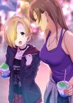  2girls asymmetrical_hair blonde_hair brown_hair choker closed_eyes colored_tongue ear_piercing earrings hair_over_one_eye highres hood hoodie idolmaster idolmaster_cinderella_girls jewelry long_hair matsunaga_ryou meimei_color multiple_girls piercing road shaved_ice shirasaka_koume shirt short_hair sleeveless sleeveless_shirt smile spoon spoon_straw standing street tongue tongue_out 