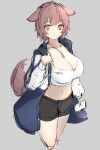  1girl absurdres animal_ears black_shorts blue_jacket breasts brown_eyes brown_hair cleavage collarbone crop_top cropped_legs dog_ears dog_girl dog_tags dog_tail grey_background highres jacket kurohikage large_breasts long_sleeves looking_at_viewer midriff navel open_clothes open_jacket original raglan_sleeves shirt short_hair short_shorts shorts simple_background sketch smile solo stomach tail thighs white_shirt 
