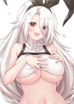  1girl :d azur_lane bangs bare_shoulders black_hairband blush breasts collared_shirt crop_top eyebrows_visible_through_hair eyes_visible_through_hair hair_between_eyes hair_over_one_eye hairband hands_on_own_chest heart large_breasts long_hair looking_at_viewer mole mole_under_eye navel open_mouth parted_bangs prinz_heinrich_(azur_lane) red_eyes ribbed_shirt ruima shirt sidelocks simple_background smile solo standing stomach symbol_commentary underboob upper_body upper_teeth very_long_hair white_background white_hair 