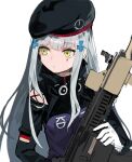  1girl alchemaniac assault_rifle beret black_headwear character_request clothing_cutout commentary english_commentary facial_mark girls_frontline gloves green_eyes grey_hair gun h&amp;k_hk416 hair_ornament hairclip hat highres hk416_(girls_frontline) holding holding_gun holding_weapon jacket long_hair long_sleeves parted_lips rifle shoulder_cutout simple_background solo upper_body weapon white_background white_gloves 