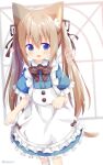  1girl :d animal_ears apron black_ribbon blue_dress blue_eyes blurry blurry_background blush brown_hair cat_ears cat_girl cat_tail collared_dress commentary_request depth_of_field dress frilled_apron frilled_sleeves frills hair_ribbon heart highres long_hair looking_at_viewer nakkar open_mouth original ribbon short_sleeves smile socks solo standing tail twintails twitter_username very_long_hair white_apron white_legwear 