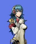  1girl absurdres aegis_(persona) aegis_(persona)_(cosplay) blue_background blue_eyes blue_hair bow byleth_(fire_emblem) byleth_(fire_emblem)_(female) cosplay english_commentary fire_emblem fire_emblem:_three_houses headphones highres long_hair persona persona_3 saiykik simple_background upper_body 