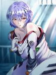  1girl ayanami_rei bare_shoulders bed blue_hair blush bodysuit breasts commentary_request hideaki_kozen highres indoors interface_headset light_rays looking_at_viewer medium_breasts neon_genesis_evangelion no_bra on_bed plugsuit short_hair sitting solo undressing white_bodysuit 