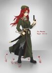  1girl belt beret boots braid chinese_commentary communism double-breasted fan_(pixiv1542431299) full_body green_eyes gun hammer_and_sickle hat hat_ornament highres holding holding_gun holding_weapon hong_meiling long_coat long_hair military military_uniform pants red_hair russian_text shoulder_belt smile soviet soviet_army star_(symbol) star_hat_ornament sword touhou twin_braids uniform weapon 