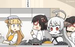  4girls abyssal_ship ahoge alternate_costume apron black_hair blonde_hair brown_hair clone colored_skin commentary_request crab dated dish double_bun dual_persona eating fletcher_(kantai_collection) food gauntlets hair_ornament hairband hamu_koutarou highres horns kantai_collection long_hair mask multiple_girls new_battleship_princess purple_eyes red_eyes remodel_(kantai_collection) sendai_(kantai_collection) sign silver_hair smile star_(symbol) star_hair_ornament sweater two_side_up upper_body white_hair white_skin white_sweater yellow_apron 