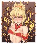  1girl absurdres blonde_hair blush breasts fate/apocrypha fate/grand_order fate_(series) fire genn131 green_eyes highres looking_at_viewer mordred_(fate) mordred_(fate)_(all) ponytail small_breasts solo strapless tubetop upper_body 